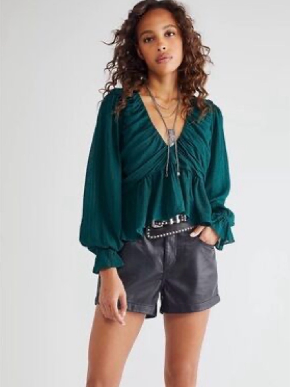 Free People Emerald Green V-Neck Gathered Peplum Blouse